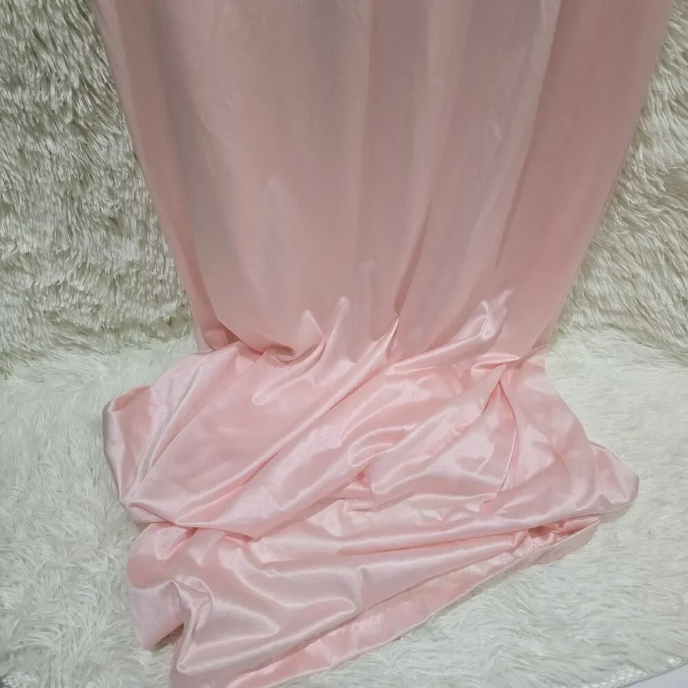 Vintage Made Isn USA Long Nylon Pink Nightgown Button-Up Lace Embroidery Trim L